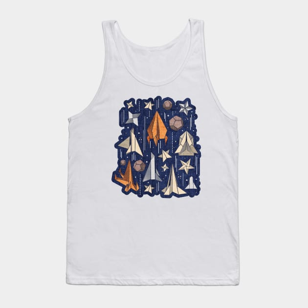 Reaching for the stars // illo // navy blue background ivory grey brown and orange origami paper asteroids stars and space ships traveling light speed Tank Top by SelmaCardoso